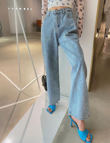 

casual chic jeans woman light blue painted high waisted jeans female loose denim womens