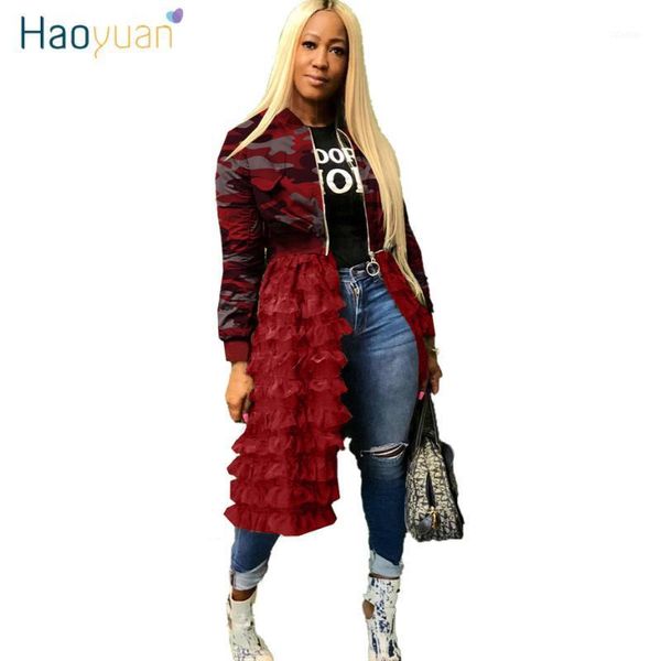 

haoyuan plus size outerwear camoflage coats and jackets women overalls fall clothes mesh ruffle hem long sleeve bomber jackets1, Black;brown