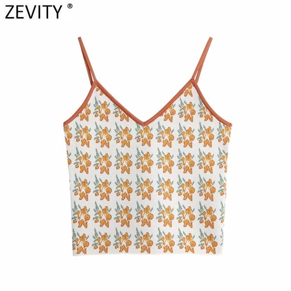 

zevity new women fashion v neck flower print slimming knitted sling sweater femme spaghetti strap short vest chic crop s515 y201128, White;black