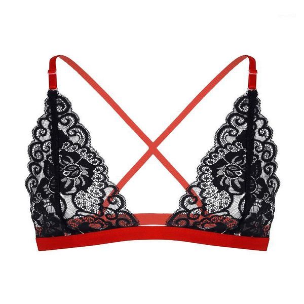 

bras mens sissy lingerie bra soft floral lace adjustable spaghetti straps back criss-cross wire-unlined breathable bralette1, Red;black