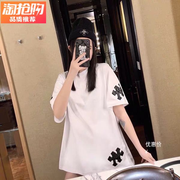 

гонконг кроксинчао ch пересекает свободные хлопчатобумажные кожи вышивка мужская и женская футболка с коротким рукавом, Black