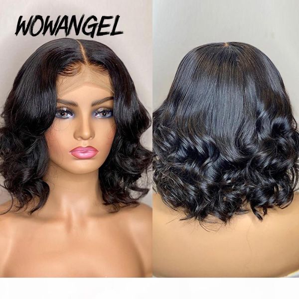 

wowangel 4x4 lace closure human hair wigs 180 density remy hair brazilian wavy bob with pre plucked bleached knots natrual color, Black;brown
