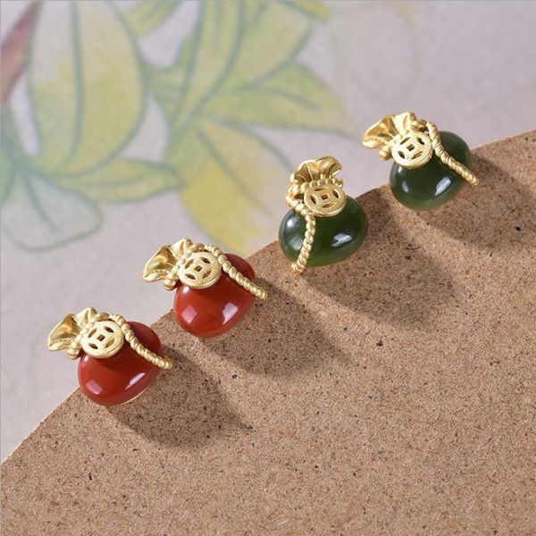 

stud natural hetian jasper yuan bao purse earrings chinese retro court style elegant ancient noble women accessories, Golden;silver