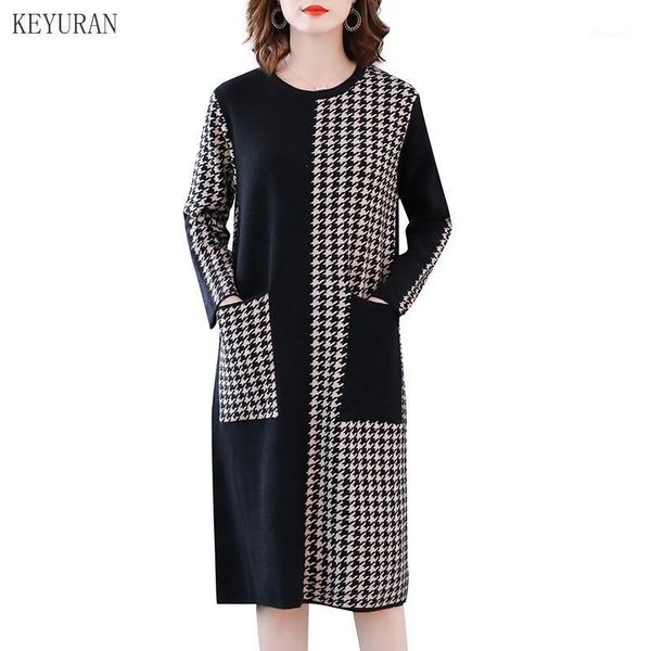 

autumn winter plaid patchwork knitted sweater dresses women fashion loose o-neck pullover female knitted dress vestidos feminino1, Black;gray