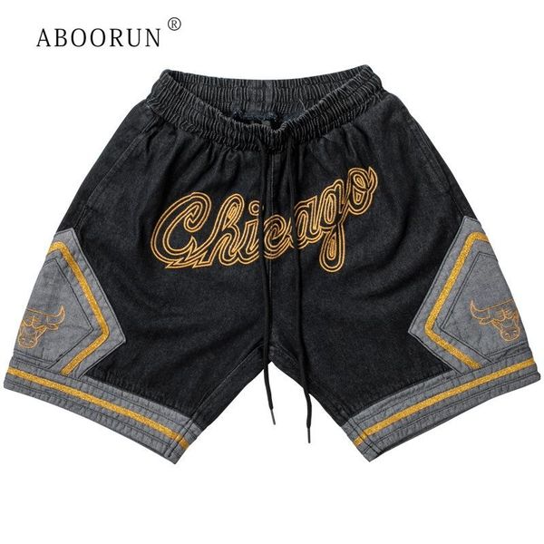 

aboorun hip hop men's summer denim shorts chicago embroidery denim shorts drawstring patchwork for male, White;black