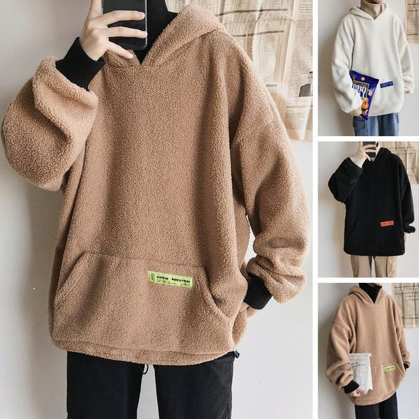 

new winter 2021 long hoodie lamb's wool tall collar with hoodie, man's cashmere coat from two pieces of water velvet 4s5c, Black