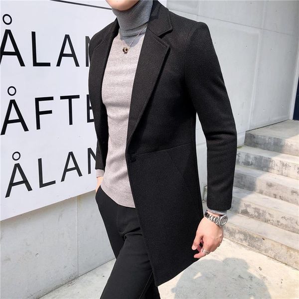 

fall / winter 2020 men's woollen overcoat new men's youth korean slim fit suit collar medium length casual, Black
