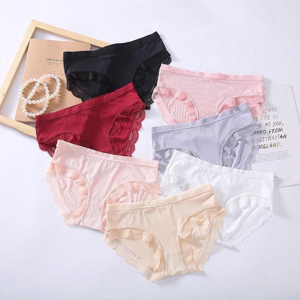 

women's panties one piece ice silk traceless lace threaded underwear for women and breathable cotton crotch mid waist briefs1, Black;pink