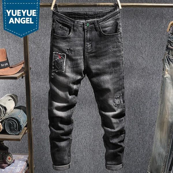 

men embroidery hole ripped patch jeans autumn winter new slim straight stretch trousers grey casual biker denim pants male, Blue