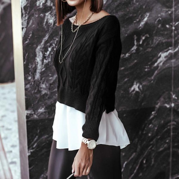 

autumn winter black stitching ruffles knitted women turtleneck sweater fashion patchwork long sleeve pullover women jumper1, White;black