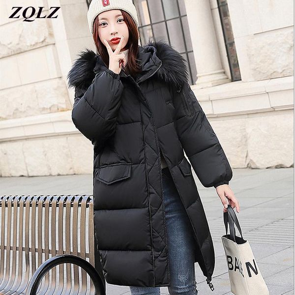

zqlz 2019 winter parka mujer thick warm cotton padded coat female plus size casual long hooded fur collar jackets caots women1, Black