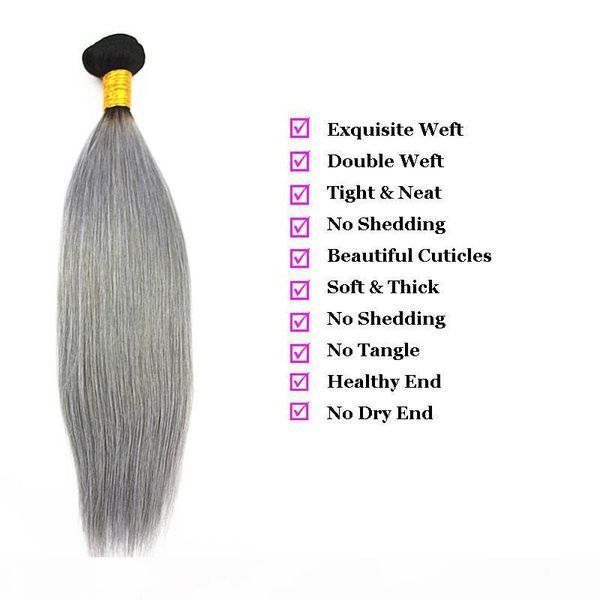 

dilys straight hair extensions with 4x4 hair closure part brazilian virgin human hair bundles color 1b gray 10-18inch, Black