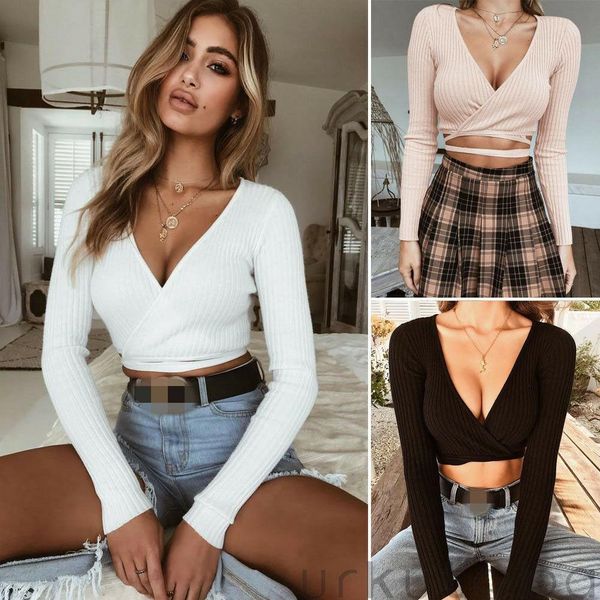 

women ladies summer slim bandage crop long sleeve shirt casual solid v neck knitted short, White