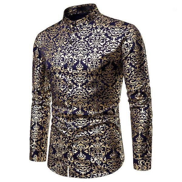 

casual men's long-sleeved shirt fashion color matching collar shirt men's tide stamping long-sleeved gold1, White;black