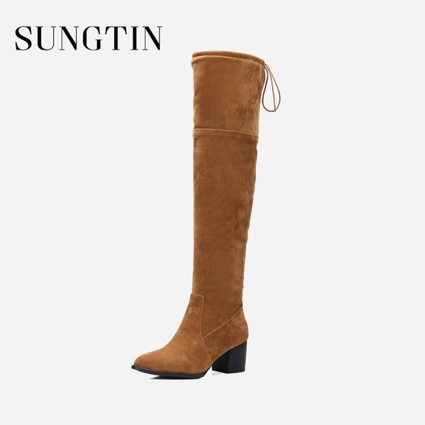 

sungtin women faux suede slim thigh high boots winter plush warm long riding boots ladies over the knee large size 47, Black