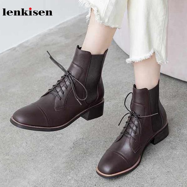 

boots lenkisen elegant fashion genuine leather lace up round toe med heels solid beauty lady winter keep warm women ankle l12, Black