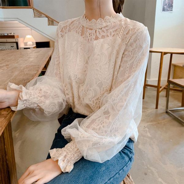 

2020 new white korean version of the loose long sleeve mesh lace base shirt blouse1