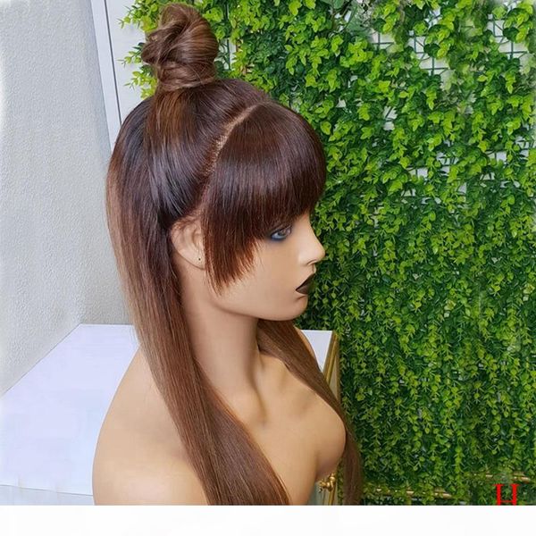 

монгольский silk top straight человека ombre волос коричневый белый кружева передние парики с челкой полный шнурок fringe парик preplucked r, Black