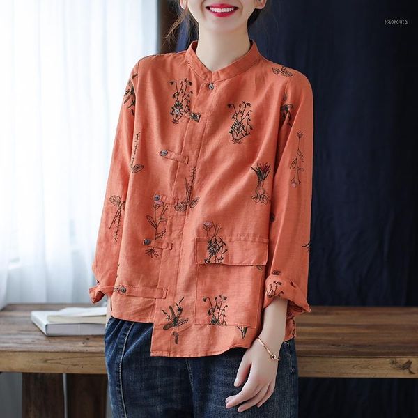 

cotton linen blouse women 2020 autumn new vintage casual asymmetric shirt button loose chinese style clothing women 117591, Red