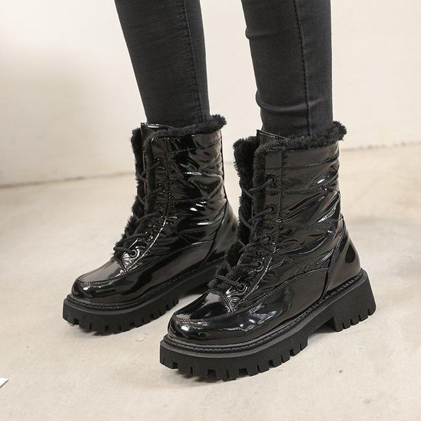 

2020 winter fashion snow boots for women platform boots brand ankle chunky women's padded patent leather shoes woman, Black