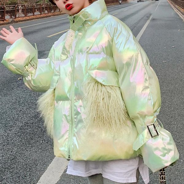 

women's down & parkas fashion fluorescence glossy coat standard collar oversized short jacket winter autumn female bright warm mujer, Black