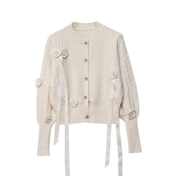 

saythen luxury sweater crew neck embroidery bowknot stitching knitted cardigan warm button soft coat floral ribbon sweater, White;black