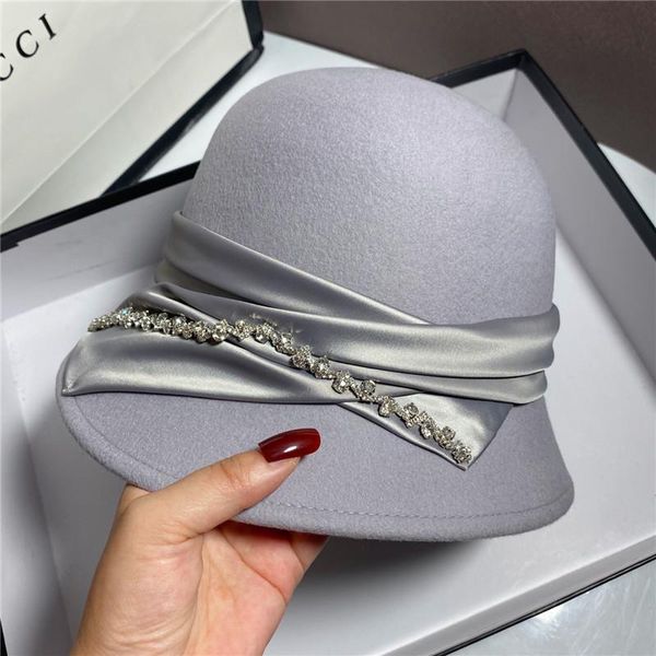 

2021 spring fashion vintage women ladies wool fedora hat bucket dome bell bow felt hats women cap hats hat, Blue;gray