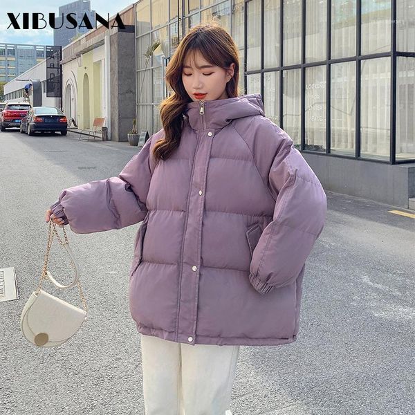 

xibusana down jacket women 2021 winter new warm thick short bread clothes down long sleeve solid hooded collar loose female coat1, Black