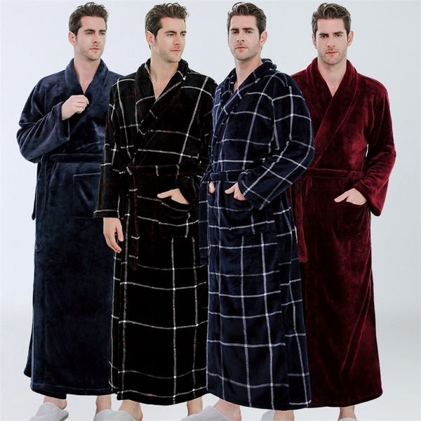 

winter sleep robes plaid thick warm coral velvet bathrobe plus size men's kimono morning gowns autumn winter flannel pajamas 3xl 201109, Black;brown