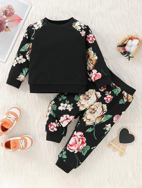 

baby contrast floral raglan sleeve sweatshirt & sweatpants she, White