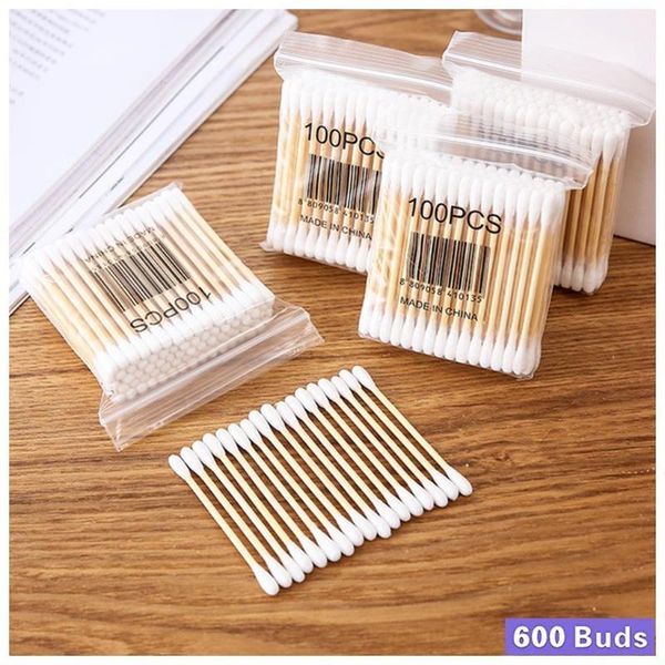 

6 packs cotton stems 600 pieces bamboo cotton buds for cleaning tool tip for wood sticks nose ears cleaning health care1