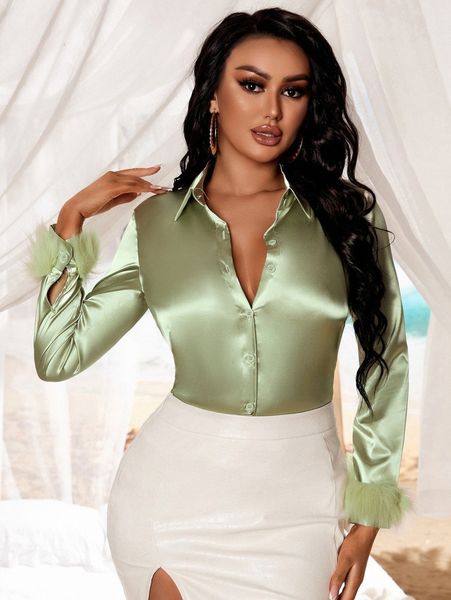 

fuzzy cuff satin blouse s4ll#, White