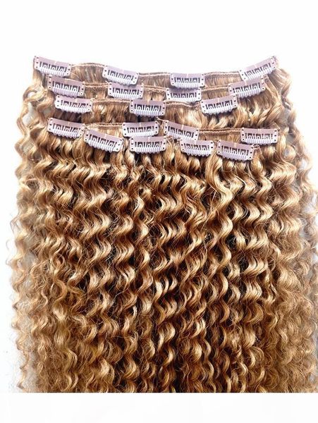 

new brazilian virgin remy curly hair weft clip in natural kinky curl weaves unprocessed dark blonde human extensions hair, Black;brown