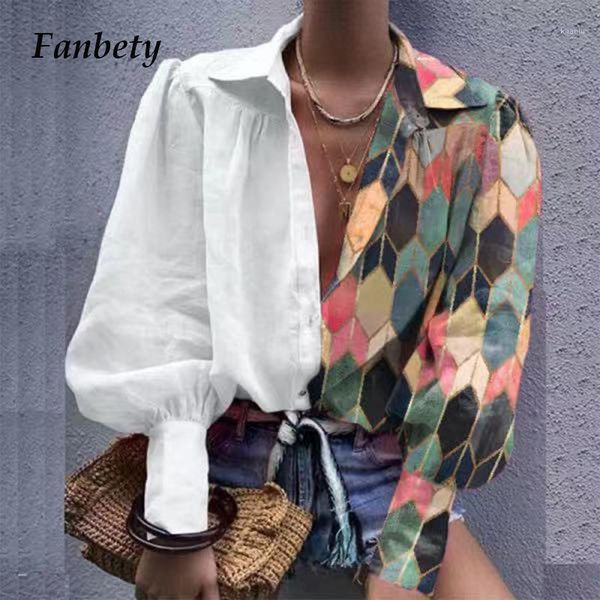 

autumn women vintage printed blouse shirts casual ladies puff long sleeve button 2020 elegant turndown collar shirt blusas1, White