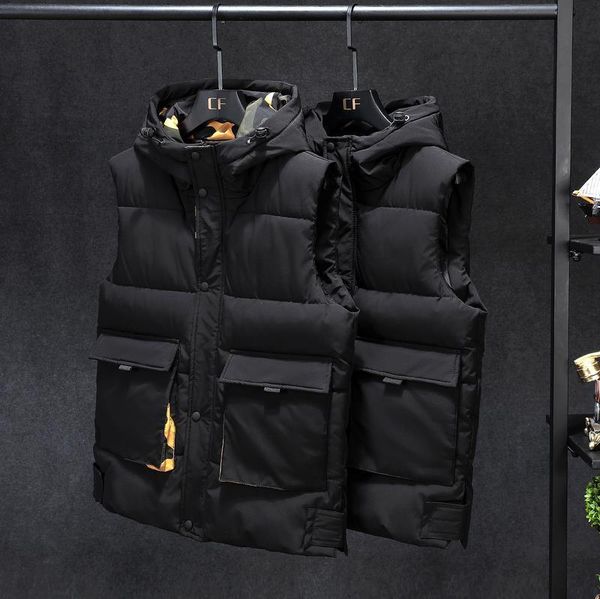 

plus size 8xl 7xl 6xl 5xl camouflage winter warm cotton vest without sleeves for men autumn male casual college thick hoodie, Black;white