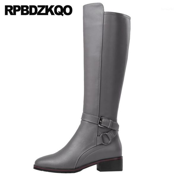 

boots autumn winter brand belts chunky equestrian long suede women fur grey side zip shoes round toe tall fall knee high riding1, Black