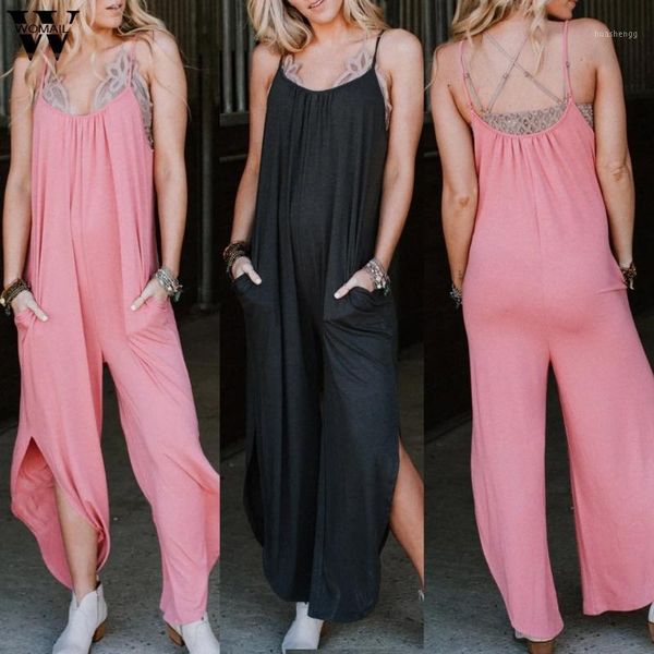 

womail women jumpsuit rompers summer black backless wide leg jumpsuit side split hem casual one piece womens clothing pink1, Black;white