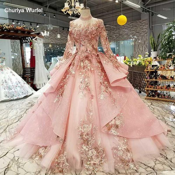 

ls320400 pink special dubai puffy party dresses high neck long tulle sleeve lace up back evening dresses can make for muslim1, White;black