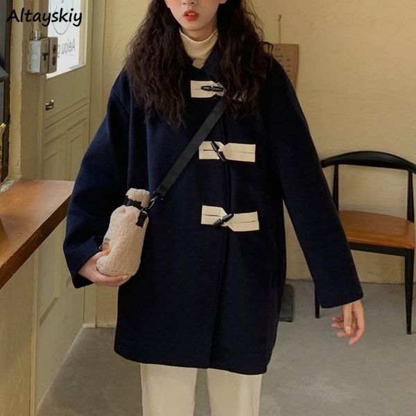 

women's wool & blends women horn button school elegant all-match chic casual harajuku coat simple korean style patchwork autumn wide-wa, Black