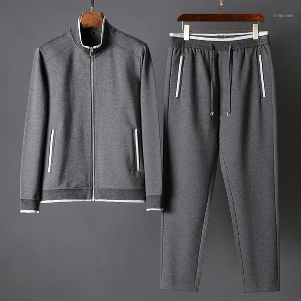 

sweatshirt+pants) mens sets luxury stand collar zipper sweatshirt men autumn winter slim fit man set with pants 4xl1, Gray