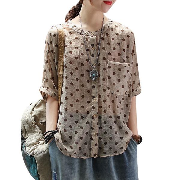 

women's blouses & shirts spring autumn style shirt polka dot o-neck pockets half sleeve loose casual dd9011, White