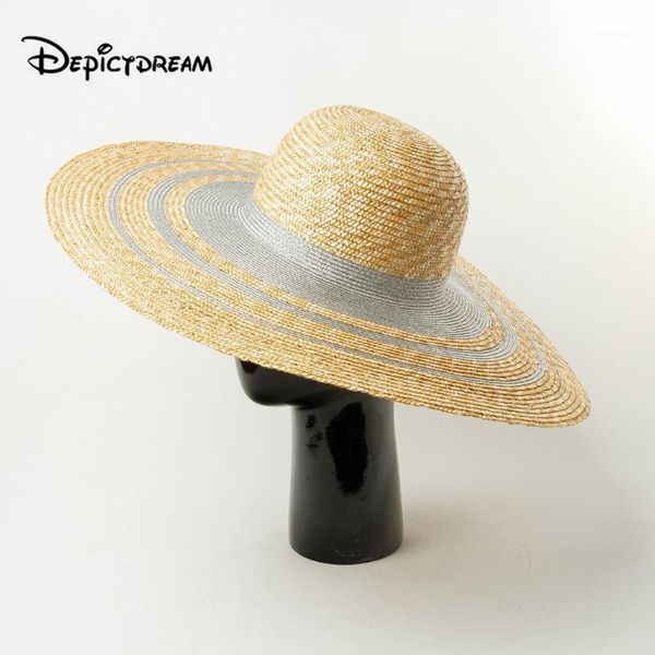 

wide brim hats spring summer silvery color combination weave big eaves straw hat sun protection for outdoor beach tourism woman girl1, Blue;gray