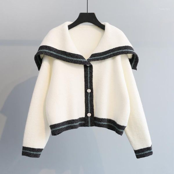 

2020 spring clothing new style korean-style loose-fit college style short sweater cardigan coat student navy collar sweater1, White