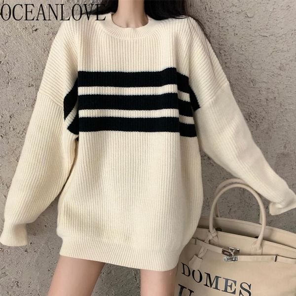 

women's sweaters oceanlove striped pull femme hiver loose korean 2021 autumn winter clothes women elegant sueter mujer 18979, White;black