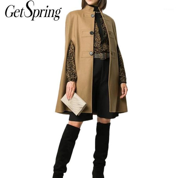 

getspring women wool coat temperament cape coat stand collar overcoat long woolen jacket fashion loose women winter coats 20211, Black