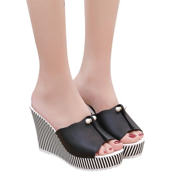 

high heels beach slippers summer wedges platform stripe pearl sandals flip flops women shoes sandalias mujer y200107, Black