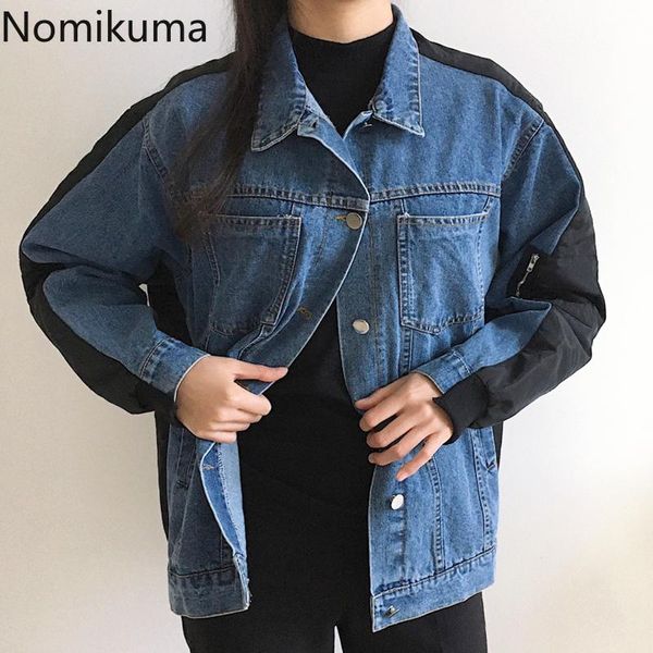 

nomikuma patchwork hit color women jeans jacket causal long sleeve turn-down collar demin coat 2021 new pockets cowboy 6d612, Black;brown