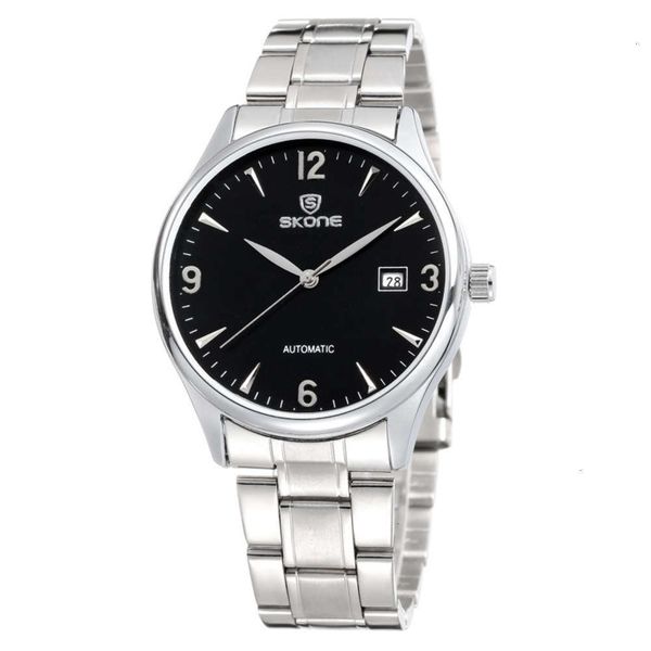 

band automatic watch men's simple hollow steel movement mechanical watch three degree waterproof calendar watch, Slivery;brown