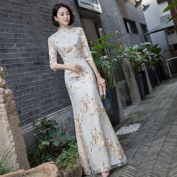 

0kam9 improved cheongsam 2020 new noble female high dress formal evening long end fishtail style evening chinese elegant show dress srvfk, Black;gray