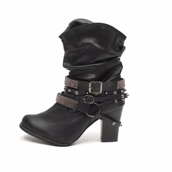 

boots 2021 style women's solid shallow pointed toe square heel knee-high platform breathable female zapatos de mujer leather, Black